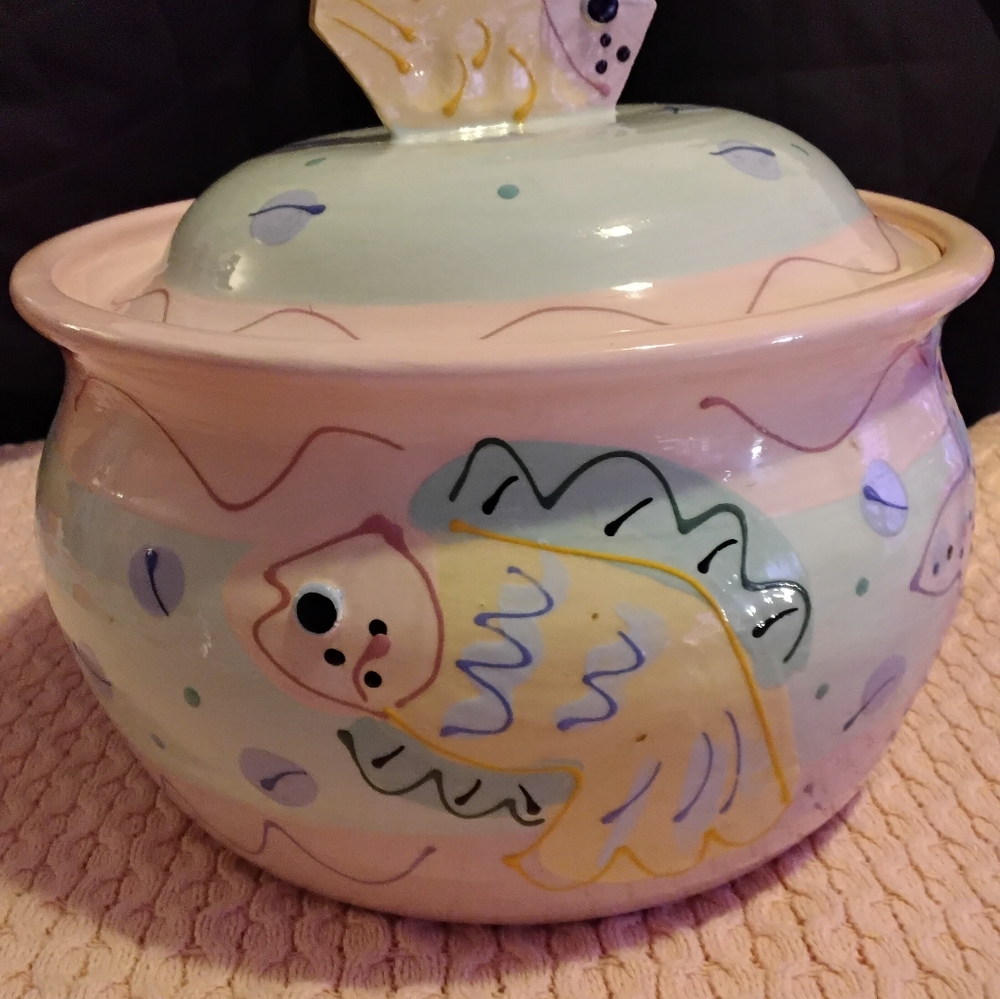 Susan Painter Pottery Ceramic Colorful Vintage 90s Cookie Canister Jar 10x9.5 - Picture 3 of 8
